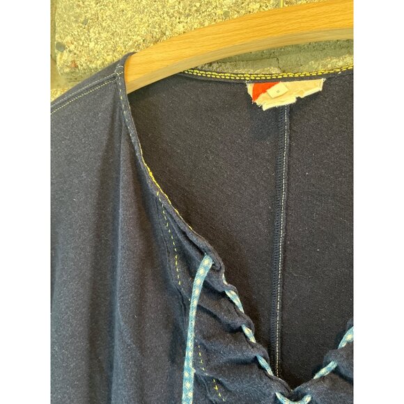 Navy Blue Long Sleeve Top With Lace-Up Neckline Yellow Stitching & Blue Patterne - Picture 4 of 8